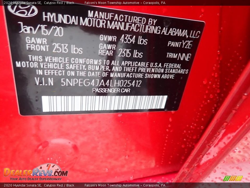 2020 Hyundai Sonata SE Calypso Red / Black Photo #12