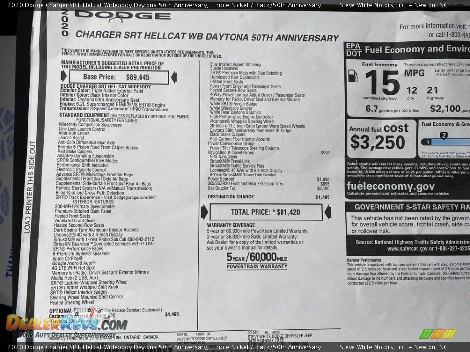 2020 Dodge Charger SRT Hellcat Widebody Daytona 50th Anniversary Window Sticker Photo #35