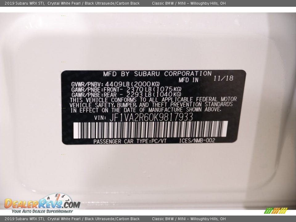 2019 Subaru WRX STI Crystal White Pearl / Black Ultrasuede/Carbon Black Photo #27