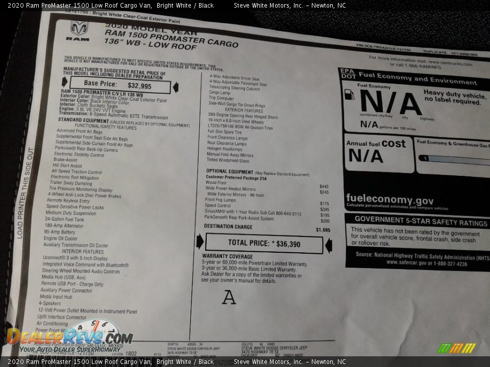 2020 Ram ProMaster 1500 Low Roof Cargo Van Bright White / Black Photo #26