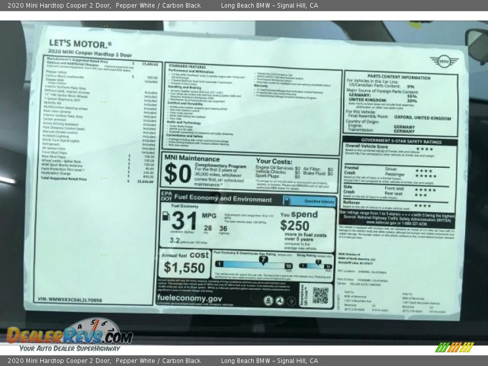 2020 Mini Hardtop Cooper 2 Door Pepper White / Carbon Black Photo #10
