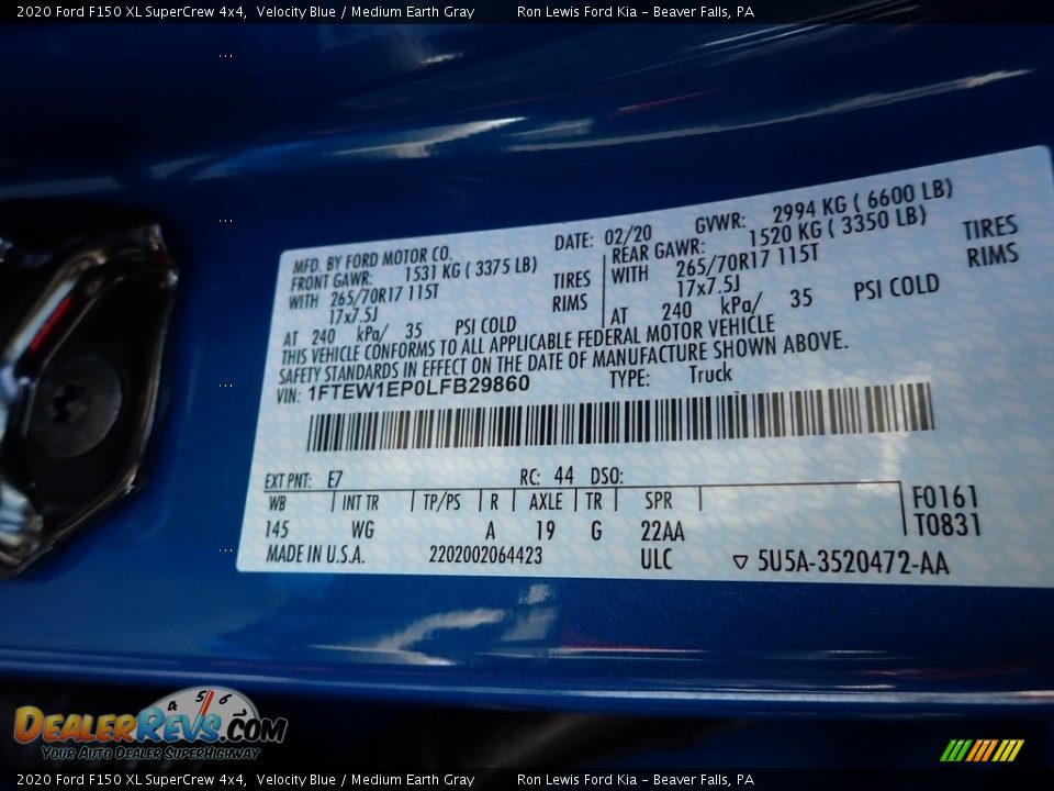 2020 Ford F150 XL SuperCrew 4x4 Velocity Blue / Medium Earth Gray Photo #10