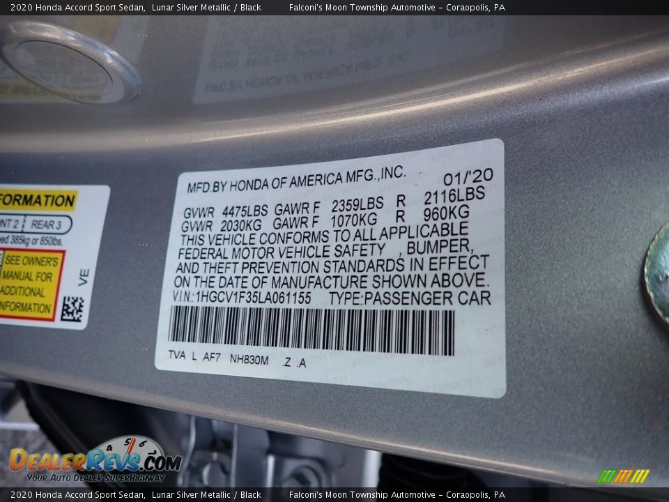 2020 Honda Accord Sport Sedan Lunar Silver Metallic / Black Photo #12