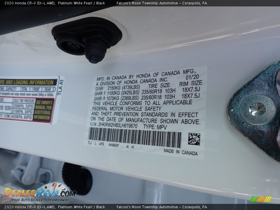 2020 Honda CR-V EX-L AWD Platinum White Pearl / Black Photo #12