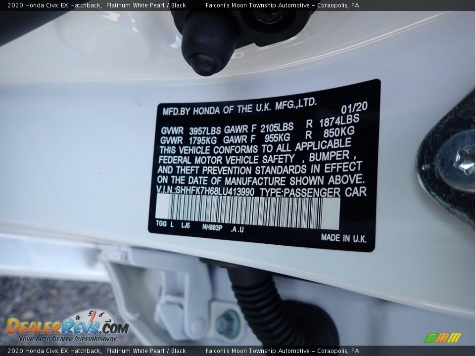 2020 Honda Civic EX Hatchback Platinum White Pearl / Black Photo #12