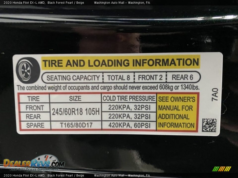 Info Tag of 2020 Honda Pilot EX-L AWD Photo #8