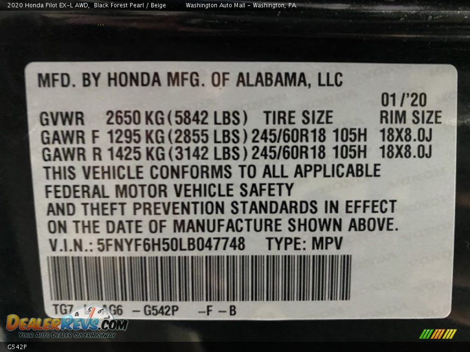 Honda Color Code G542P Black Forest Pearl