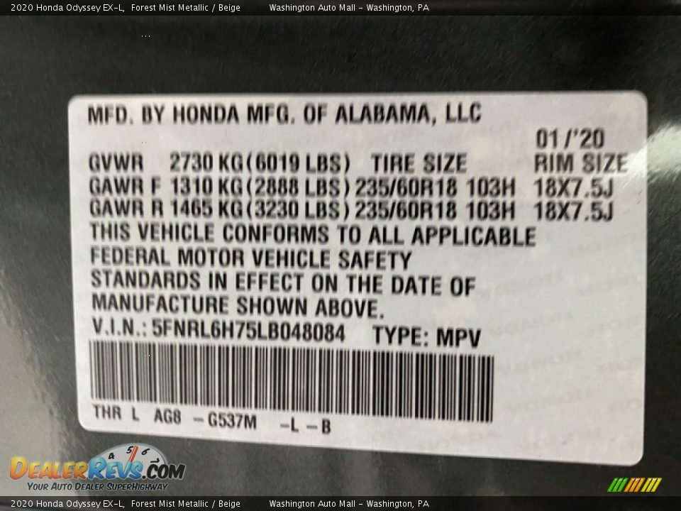 2020 Honda Odyssey EX-L Forest Mist Metallic / Beige Photo #9