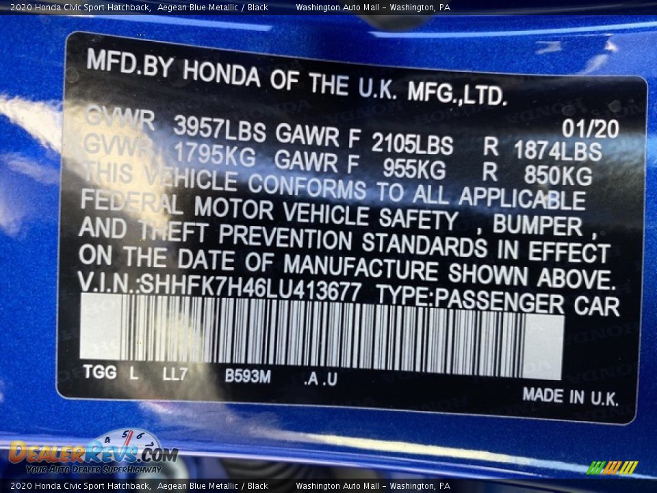 2020 Honda Civic Sport Hatchback Aegean Blue Metallic / Black Photo #9