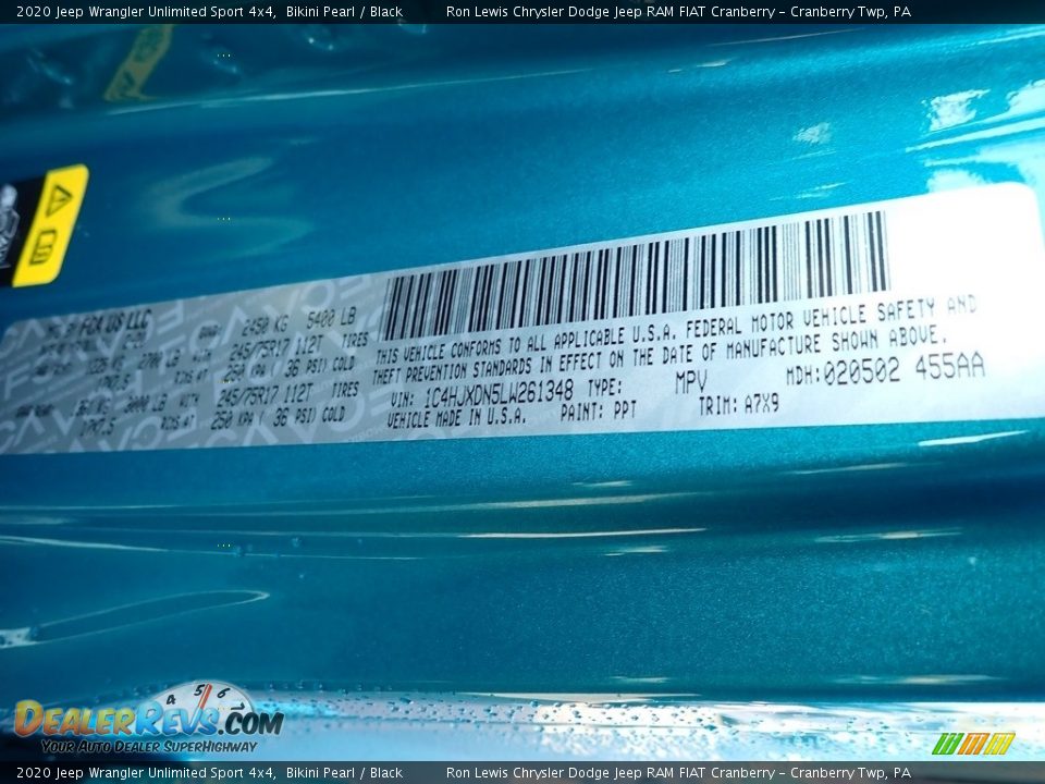 2020 Jeep Wrangler Unlimited Sport 4x4 Bikini Pearl / Black Photo #15