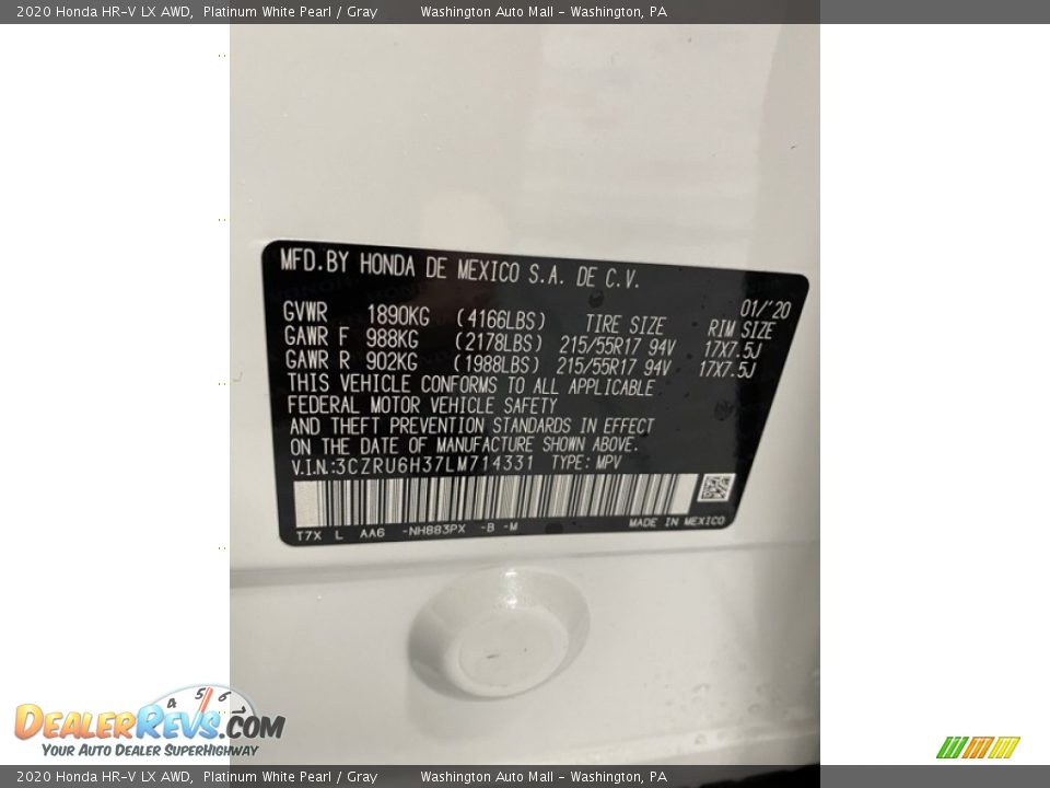 2020 Honda HR-V LX AWD Platinum White Pearl / Gray Photo #9