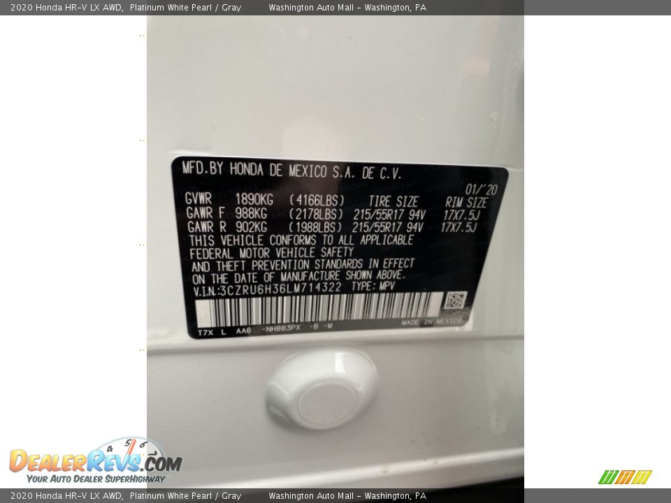 2020 Honda HR-V LX AWD Platinum White Pearl / Gray Photo #9