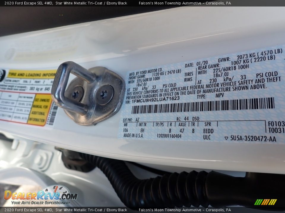 2020 Ford Escape SEL 4WD Star White Metallic Tri-Coat / Ebony Black Photo #12