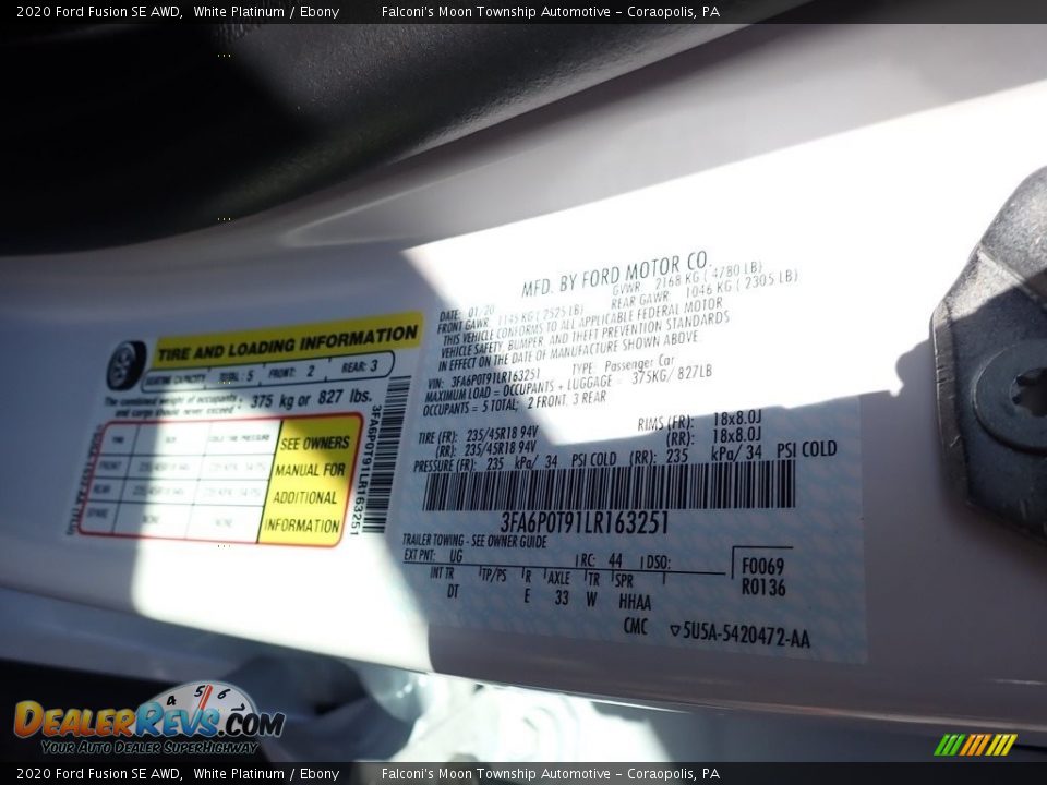 2020 Ford Fusion SE AWD White Platinum / Ebony Photo #12