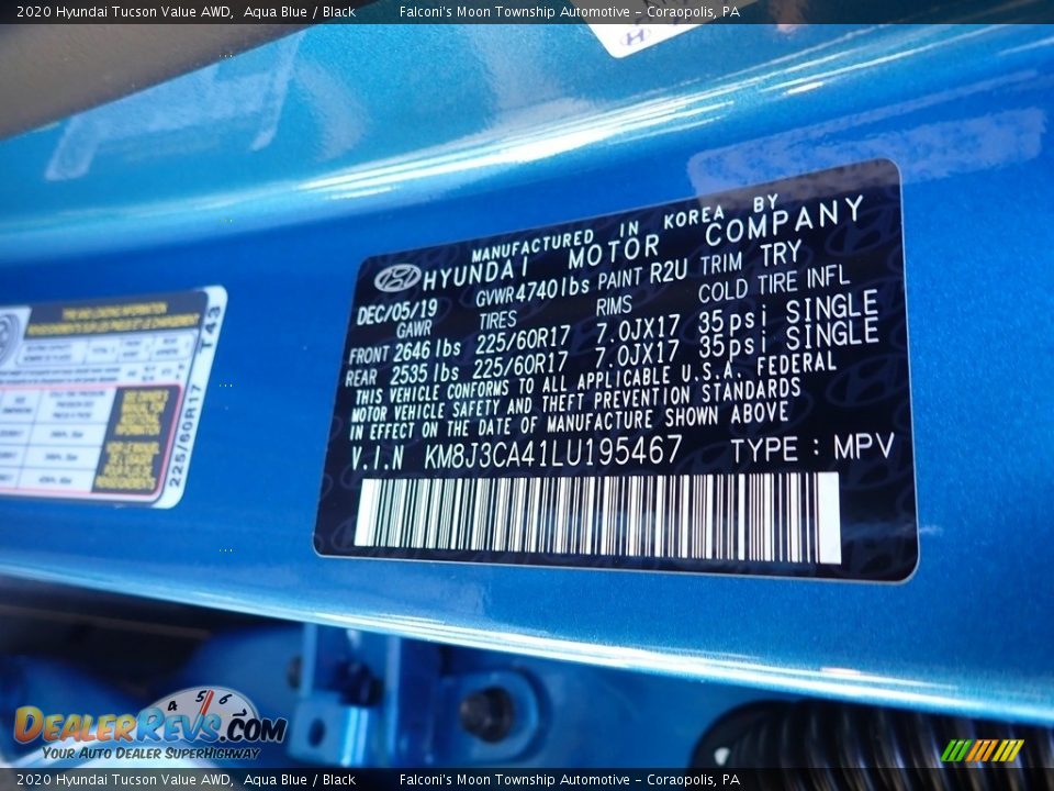 2020 Hyundai Tucson Value AWD Aqua Blue / Black Photo #12