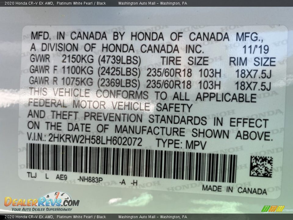 2020 Honda CR-V EX AWD Platinum White Pearl / Black Photo #9