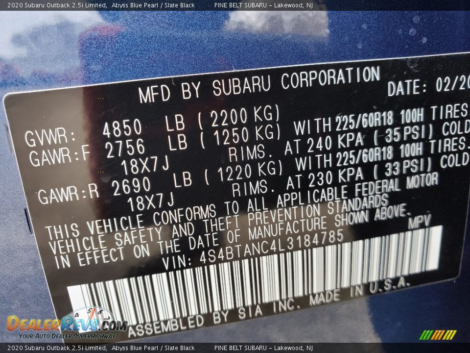 2020 Subaru Outback 2.5i Limited Abyss Blue Pearl / Slate Black Photo #9