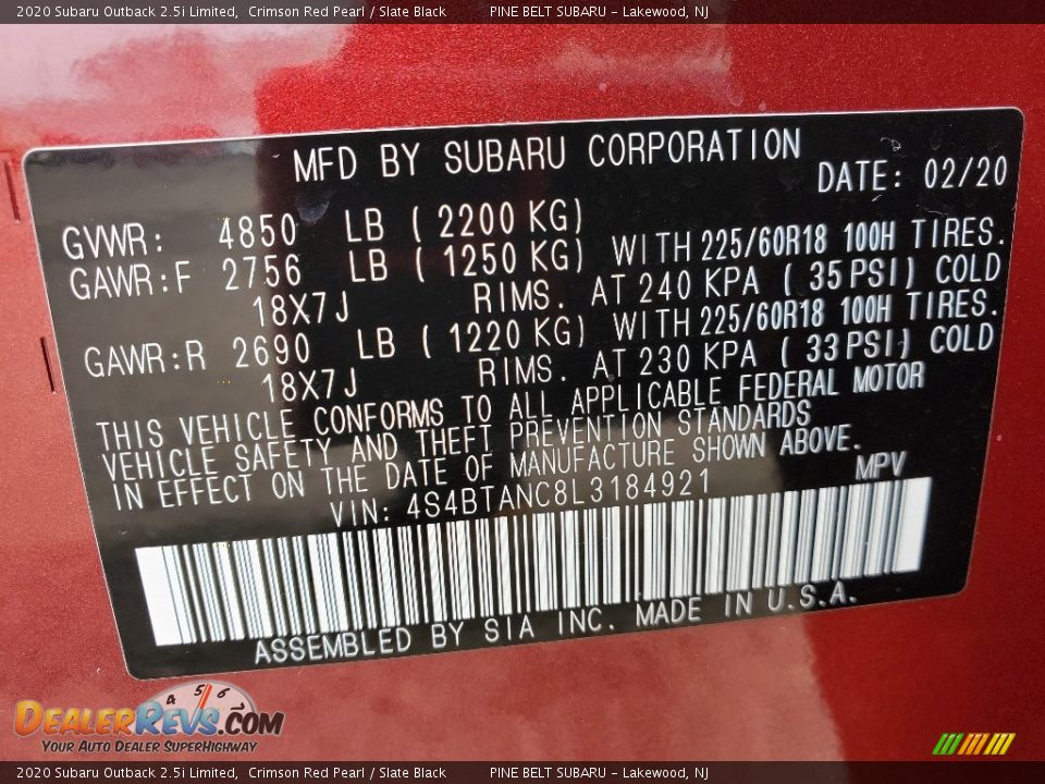 2020 Subaru Outback 2.5i Limited Crimson Red Pearl / Slate Black Photo #9