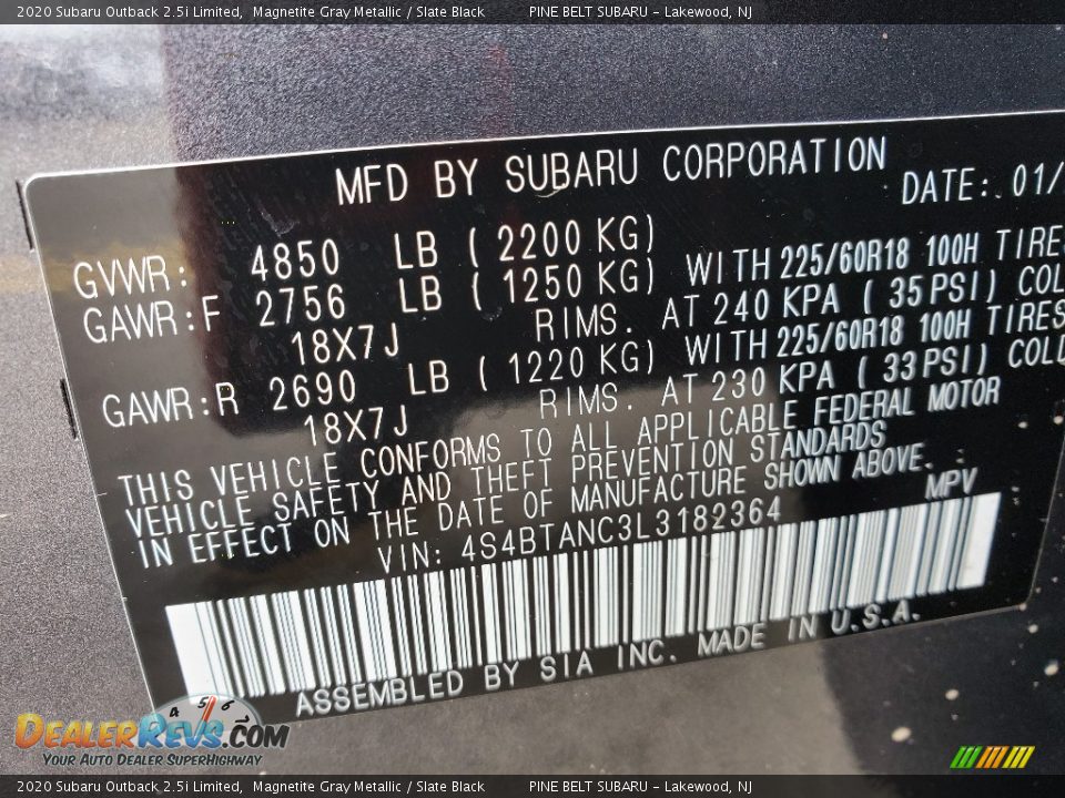 2020 Subaru Outback 2.5i Limited Magnetite Gray Metallic / Slate Black Photo #9
