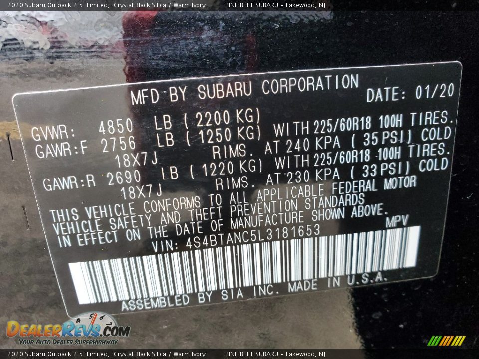 2020 Subaru Outback 2.5i Limited Crystal Black Silica / Warm Ivory Photo #9