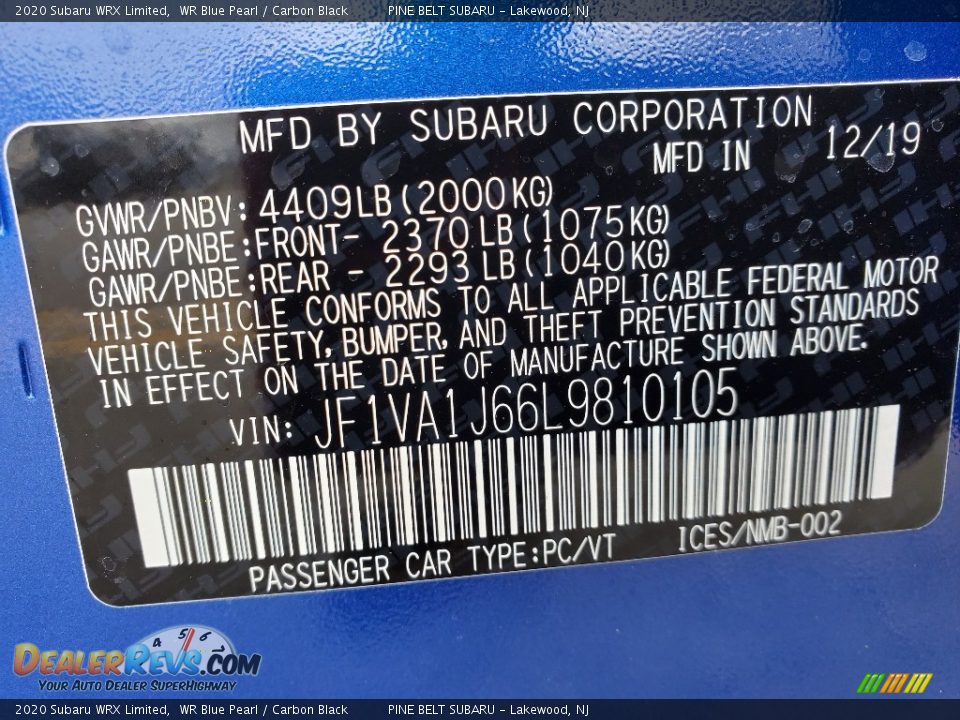 2020 Subaru WRX Limited WR Blue Pearl / Carbon Black Photo #9