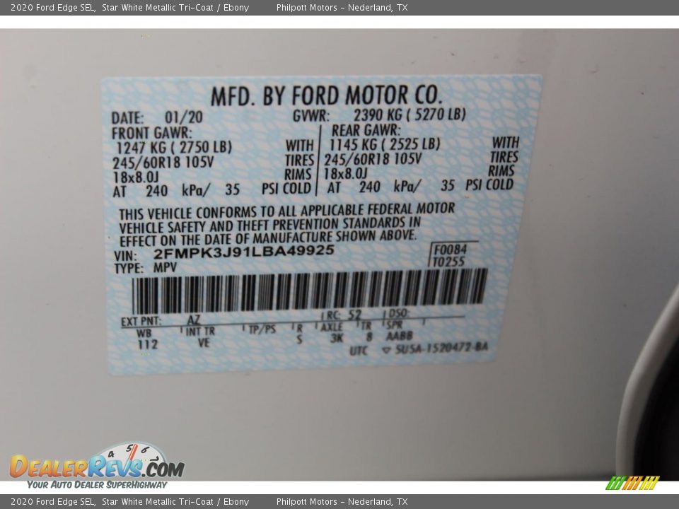 2020 Ford Edge SEL Star White Metallic Tri-Coat / Ebony Photo #26
