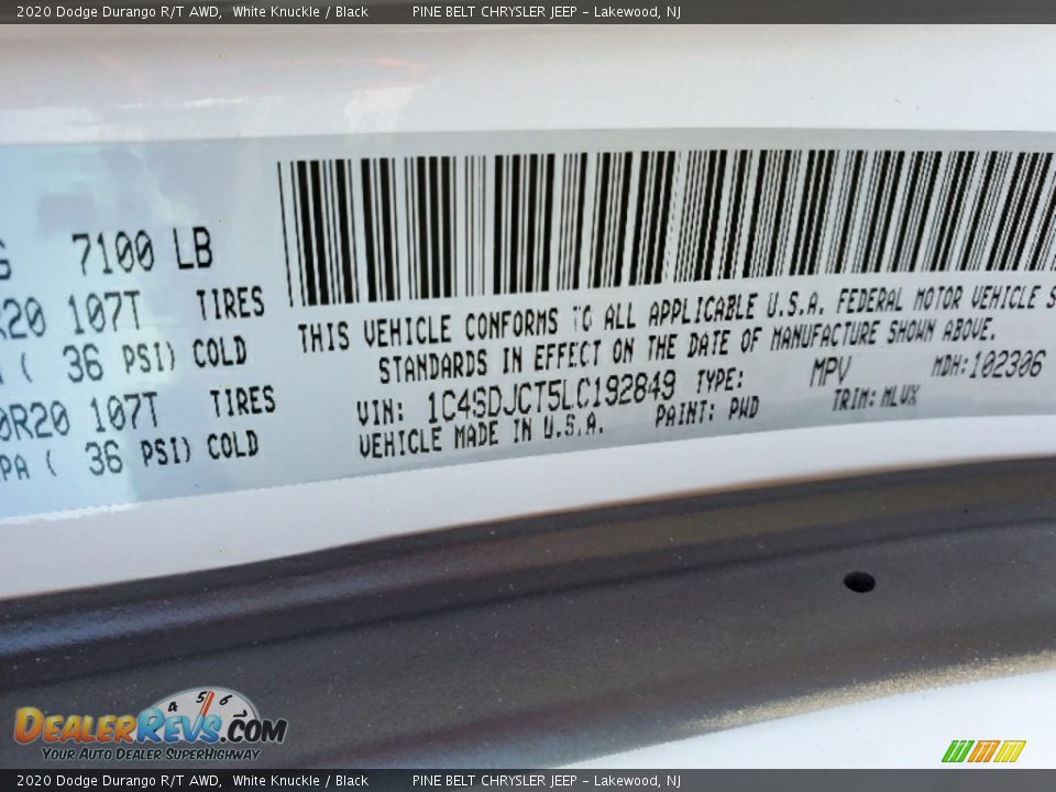 2020 Dodge Durango R/T AWD White Knuckle / Black Photo #9