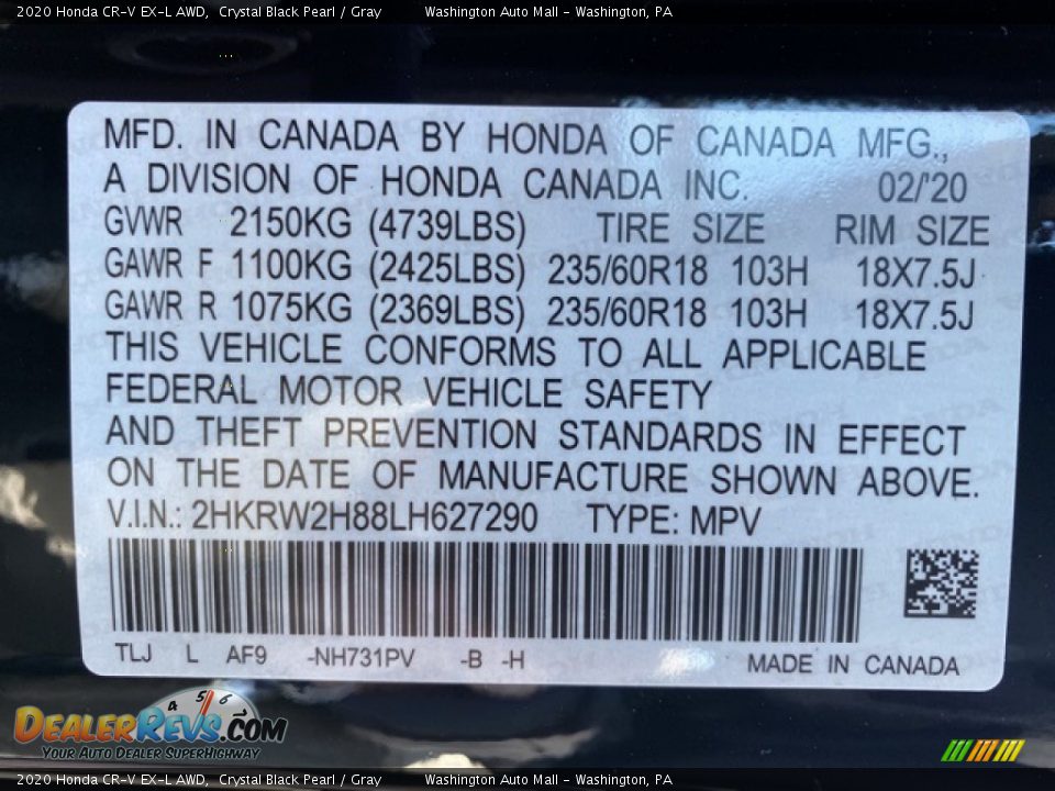 2020 Honda CR-V EX-L AWD Crystal Black Pearl / Gray Photo #9