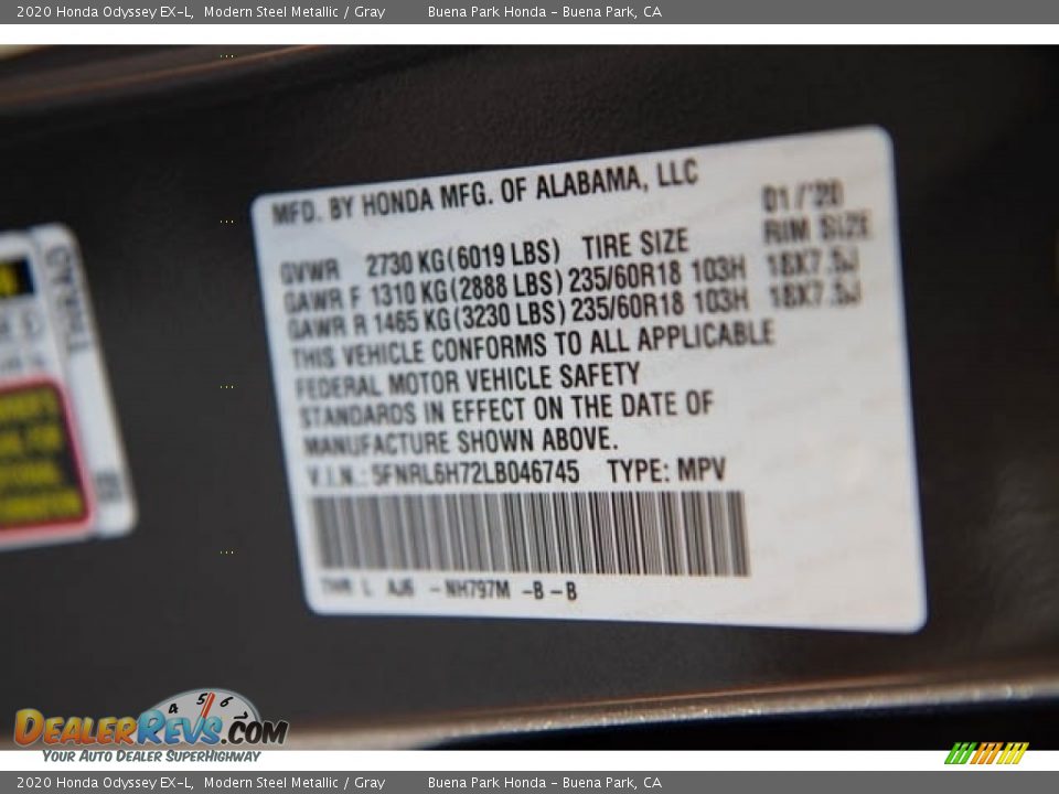 2020 Honda Odyssey EX-L Modern Steel Metallic / Gray Photo #28