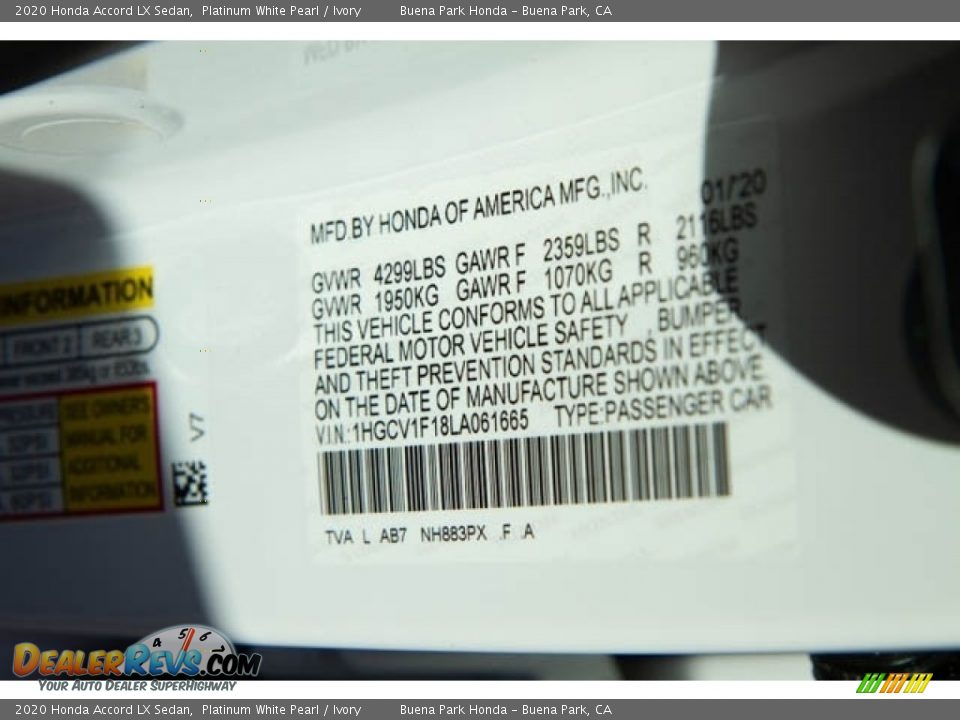 2020 Honda Accord LX Sedan Platinum White Pearl / Ivory Photo #29