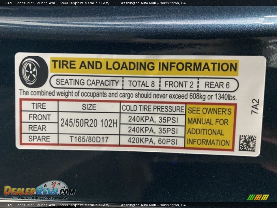 2020 Honda Pilot Touring AWD Steel Sapphire Metallic / Gray Photo #8