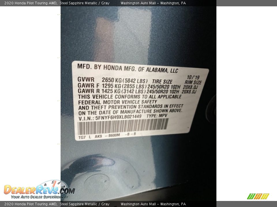 2020 Honda Pilot Touring AWD Steel Sapphire Metallic / Gray Photo #9