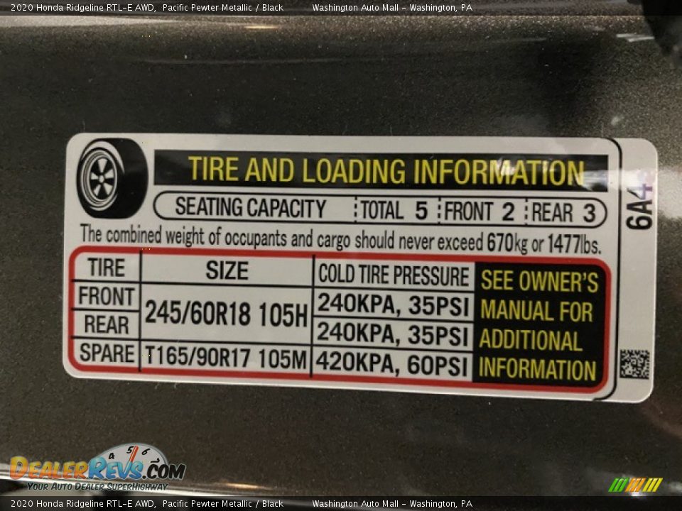 Info Tag of 2020 Honda Ridgeline RTL-E AWD Photo #8