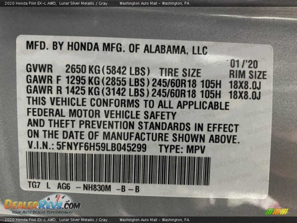 2020 Honda Pilot EX-L AWD Lunar Silver Metallic / Gray Photo #9