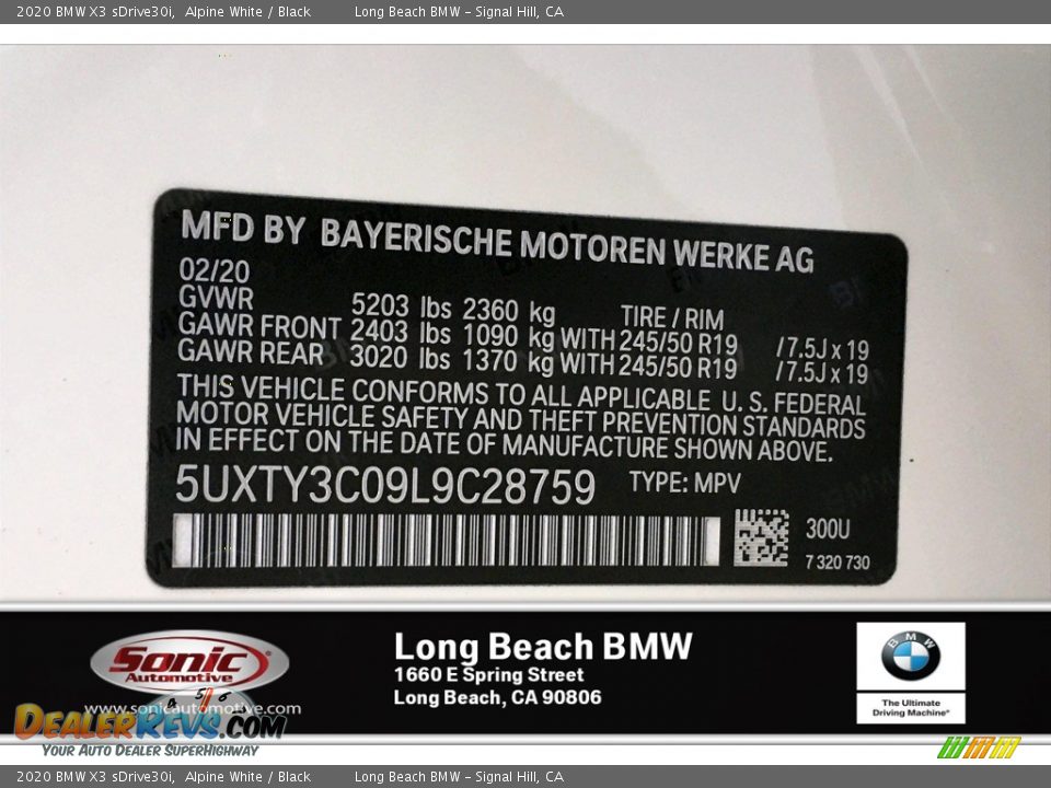 2020 BMW X3 sDrive30i Alpine White / Black Photo #11