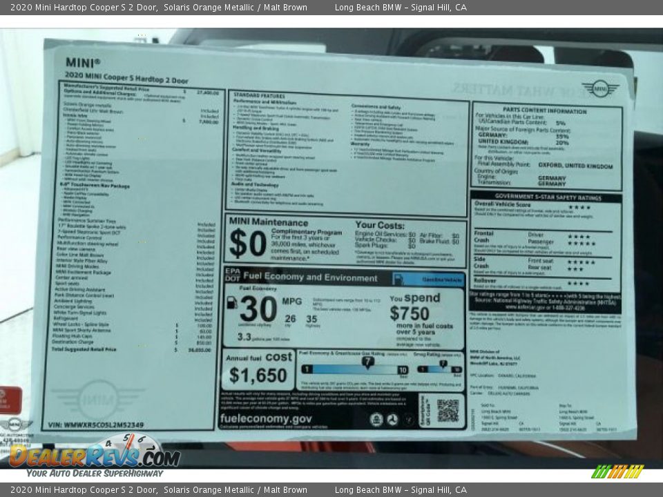 2020 Mini Hardtop Cooper S 2 Door Window Sticker Photo #10