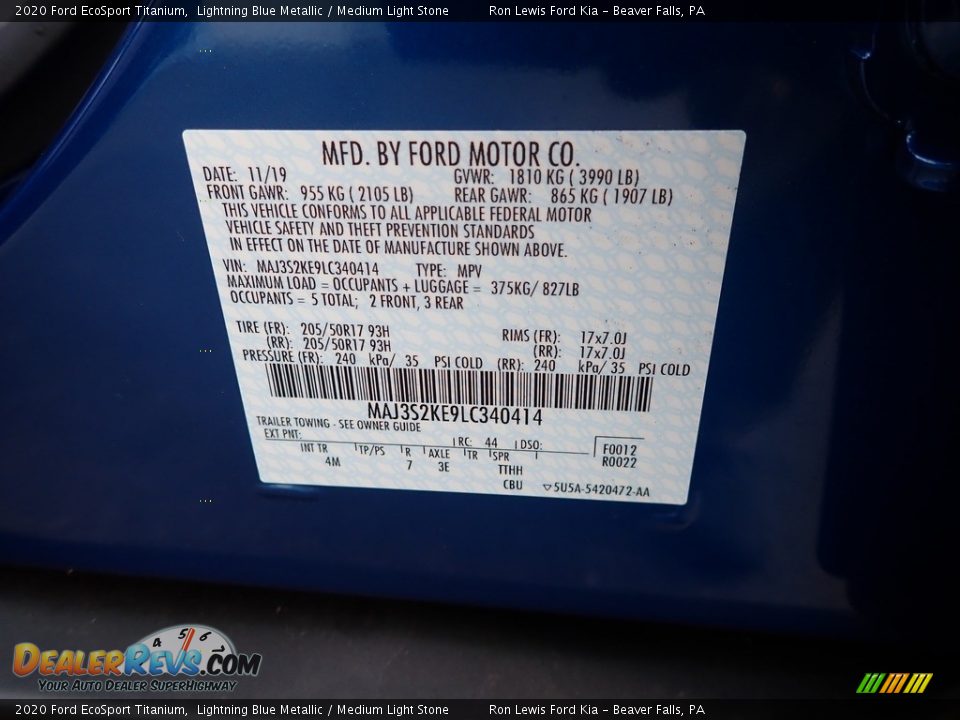 2020 Ford EcoSport Titanium Lightning Blue Metallic / Medium Light Stone Photo #11