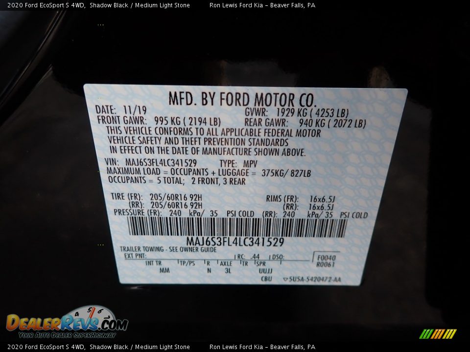 2020 Ford EcoSport S 4WD Shadow Black / Medium Light Stone Photo #11