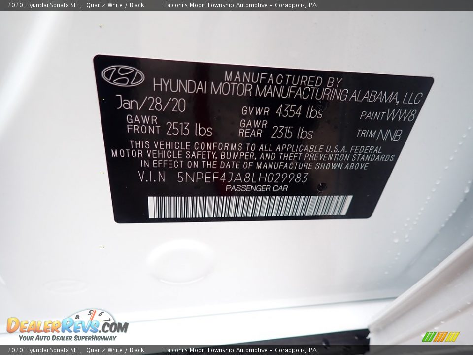 2020 Hyundai Sonata SEL Quartz White / Black Photo #12