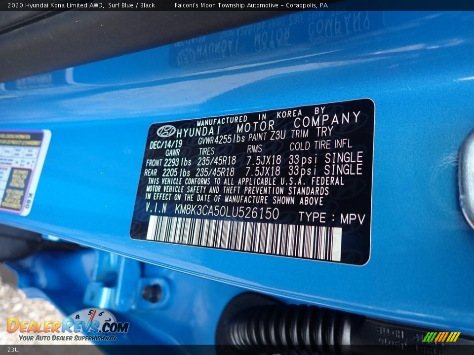 Hyundai Color Code Z3U Surf Blue