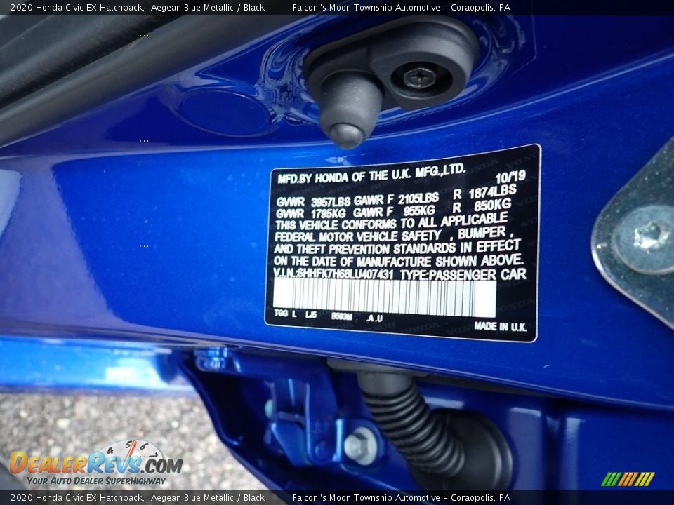 2020 Honda Civic EX Hatchback Aegean Blue Metallic / Black Photo #11