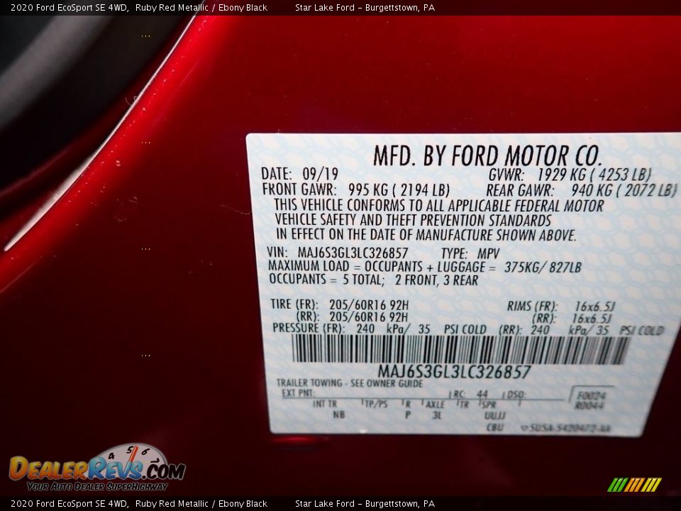 2020 Ford EcoSport SE 4WD Ruby Red Metallic / Ebony Black Photo #14