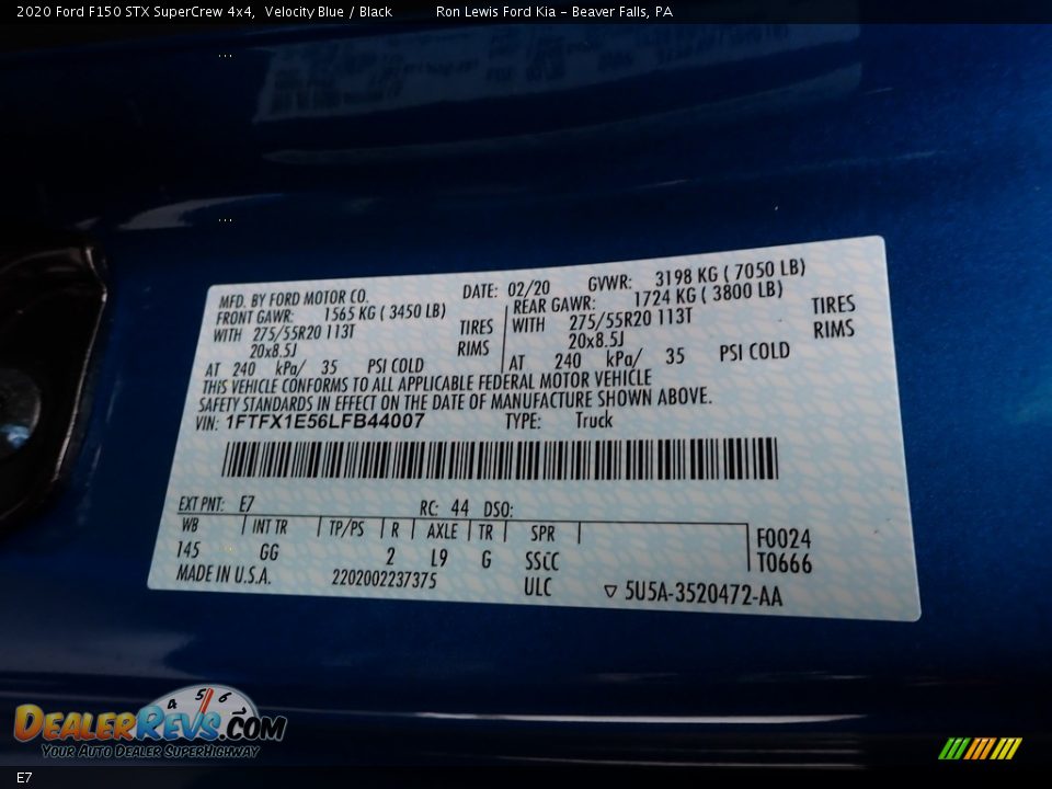 Ford Color Code E7 Velocity Blue