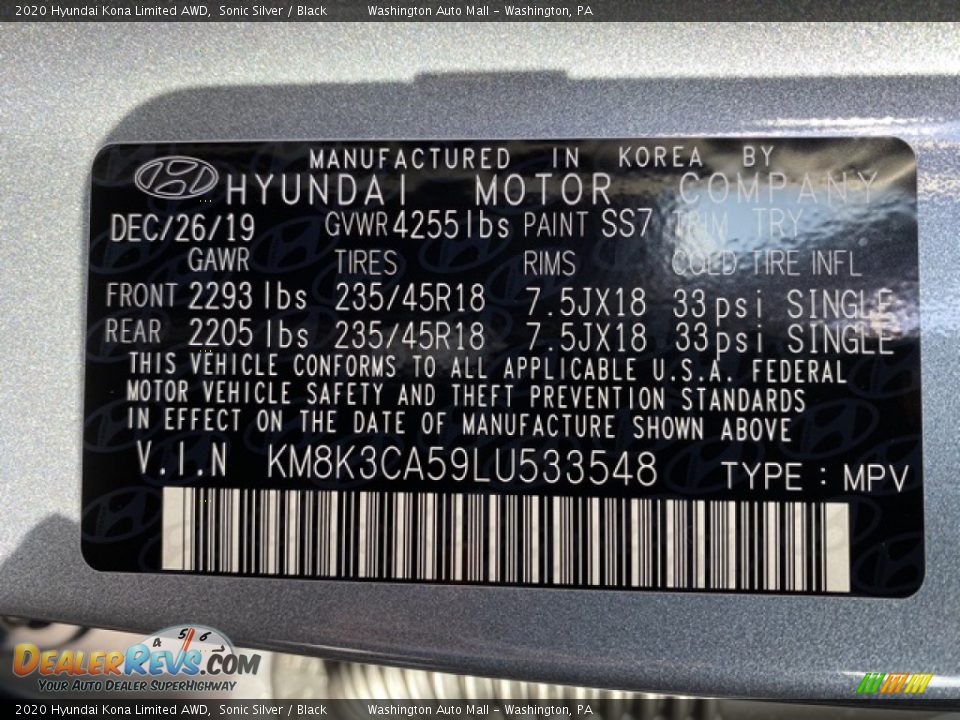 2020 Hyundai Kona Limited AWD Sonic Silver / Black Photo #9