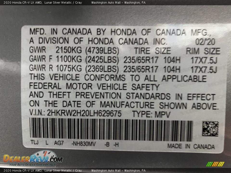 2020 Honda CR-V LX AWD Lunar Silver Metallic / Gray Photo #9