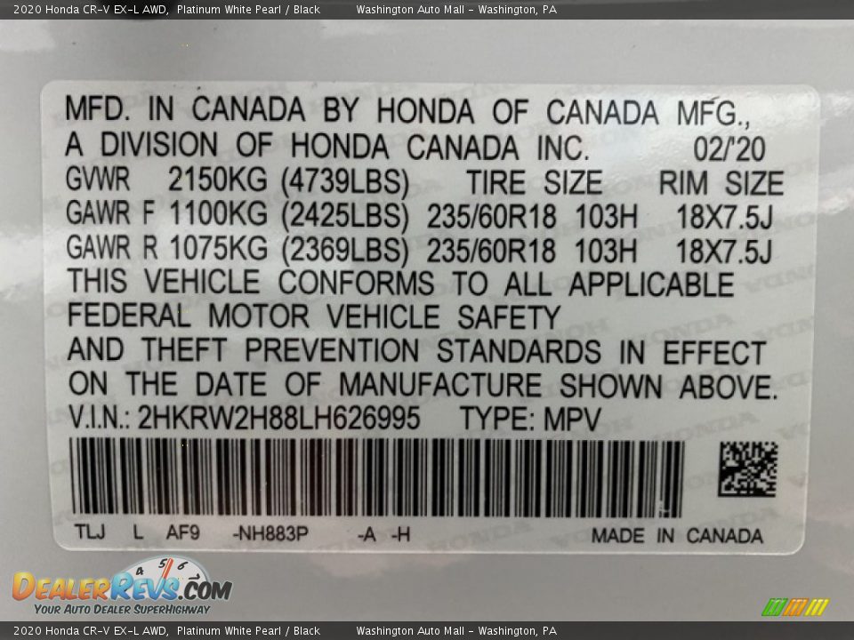 2020 Honda CR-V EX-L AWD Platinum White Pearl / Black Photo #9