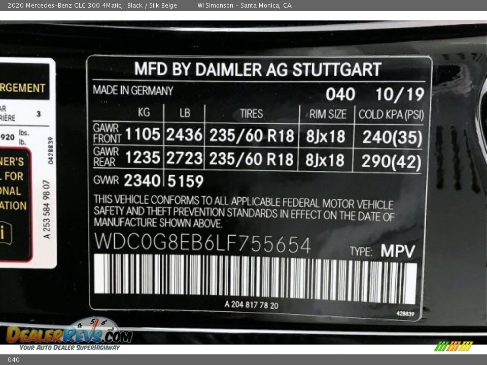 Mercedes-Benz Color Code 040 Black