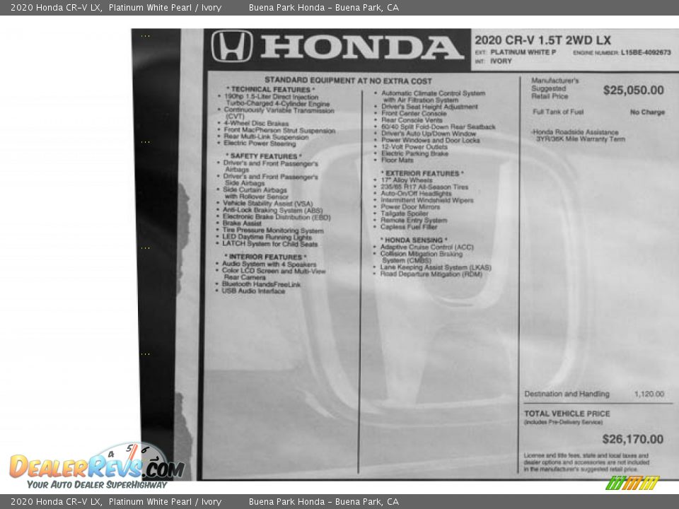 2020 Honda CR-V LX Platinum White Pearl / Ivory Photo #35