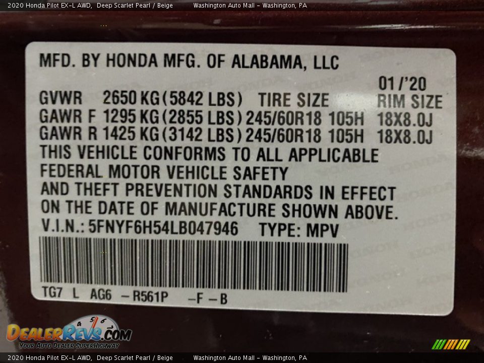 2020 Honda Pilot EX-L AWD Deep Scarlet Pearl / Beige Photo #9