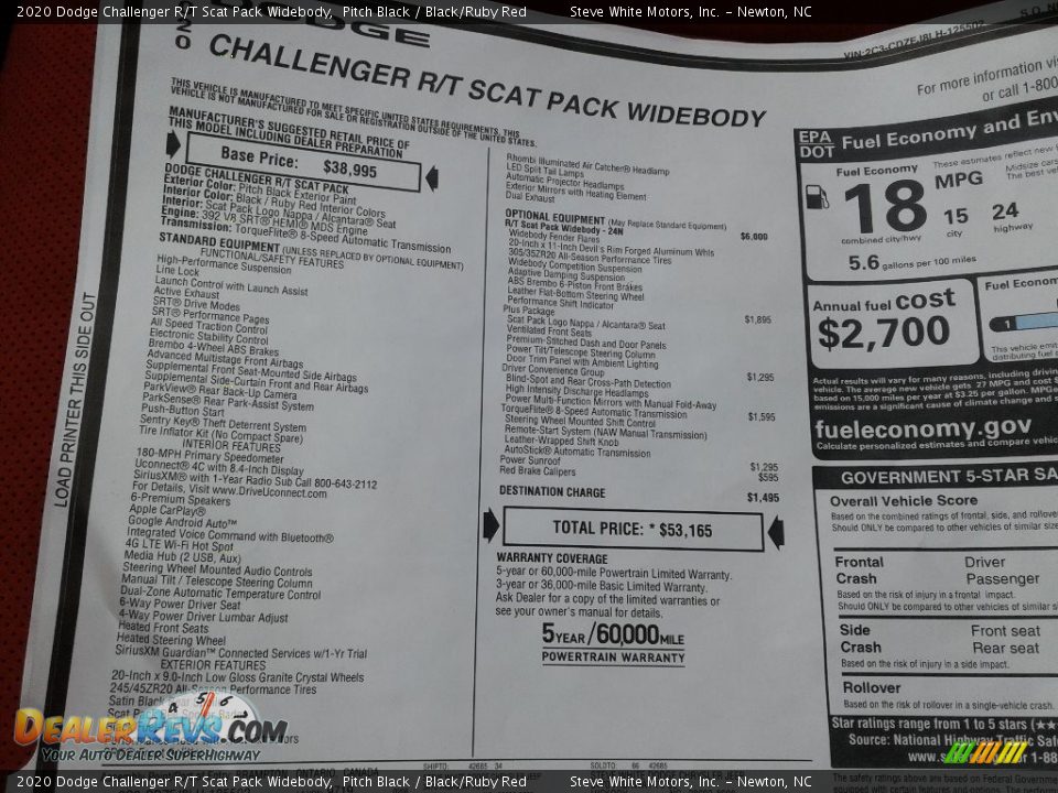 2020 Dodge Challenger R/T Scat Pack Widebody Window Sticker Photo #28